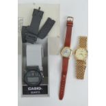 Three vintage wristwatches being a Casio digital watch numbered 828 DGW-30 to back,