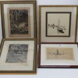 A pair of monochromatic prints, Heron beside river and rabbit beside fence respectively,
