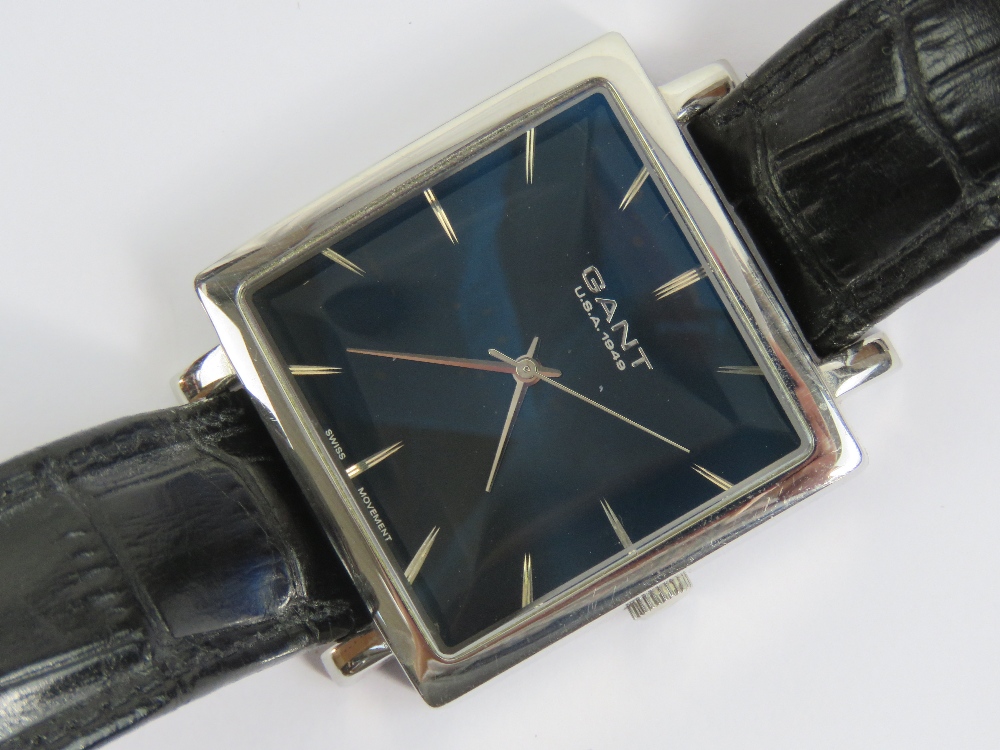 A Gant USA 1949 gents stainless steel wristwatch having square navy blue dial with white metal