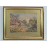 Watercolour; early 19th century farmyard scene, cockerel and chickens before,