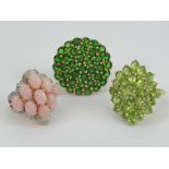 Three silver large and impressive cocktail rings, peridot, stamped 925 size O, pink cabachons,