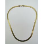 A 9ct gold flattened snake link necklace, hallmarked 375, clasp a/f, 9.6g.