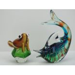 Two heavy Art Glass animal figurines; one being frog on toadstool measuring 14cm high,