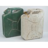 Two 20l petrol cans dated 1960 and 1987.