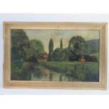 Oil on board, naive study of a riverside