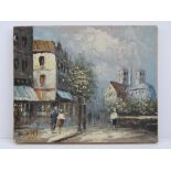 Oil on canvas city scene with shops and