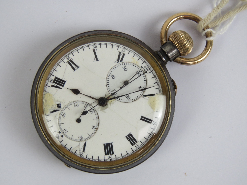 A c1920s open face top winding chronograph pocket watch with gun metal case,