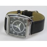 A contemporary Mercedes themed gentlemans wristwatch, having square shaped chromium watch head,