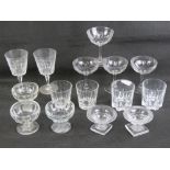 A quantity of assorted glassware including tumblers, wine glasses, champagne saucers. Fifteen items.