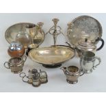 A quantity of assorted silver plated items including; Mappin & Webb cruet set, tea set, trophy,