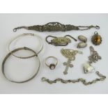 A small quantity of silver and white metal jewellery including; silver locket on chain,