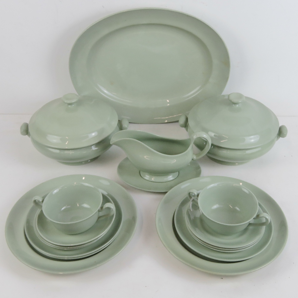 A quantity of Spode 'Flemish Green' dinnerware including two tureens with lids, sauce boat and dish,