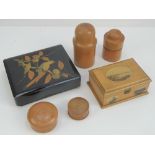 A vintage compass within turned treen box together with a quantity of trinket boxes including a