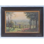 Oil on board; view of the Somerset levels from a wooded gate, signed lower right M Dovaston 1908,