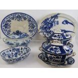 A quantity of assorted blue and white ceramics including twin 20th century tureens with covers a/f,