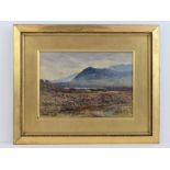Watercolour; moorland scene, mountain and moody sky beyond, signed lower right Harry Pime,