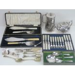A quantity of silver plated items including two boxed sets of fish servers each having fitted