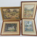 Bertha Fowle (1895-1965) ARCA, ARWS, ARMS; four watercolour paintings of garden scenes,