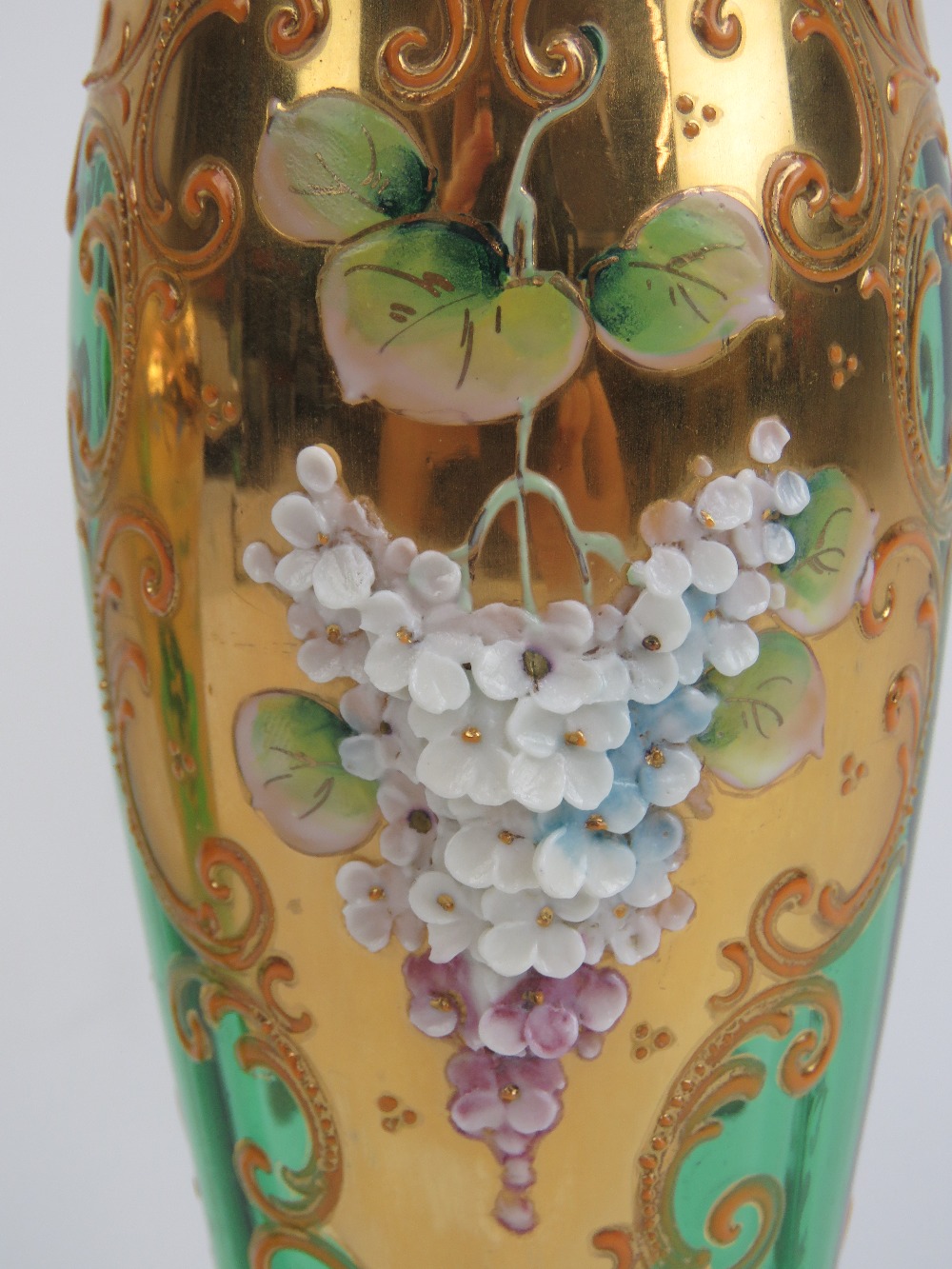 Two heavily gilded green glass Bohemian style vases having floral decoration throughout and - Image 2 of 3