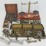 A quantity of vintage engineering tools including; Open University weight set, Webber weight set,