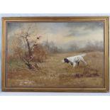 Oil on canvas; contemporary study of a pointer dog, scrub trees and birds beyond,