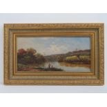 Oil on canvas; fishing scene, fishermen with roods, river, trees and sky beyond, restored, unsigned,