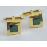 A pair of 18ct gold and green opal cufflinks of square form, hallmarked 750, 15.1g.