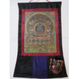 A hand painted Tibetan Thanka having blue figure surrounded by mythological creatures, 54 x 41cm,