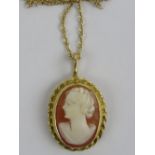A shell cameo in 9ct gold pendant mount, hallmarked 375, 2.2cm inc bale on 9ct gold fine link chain.