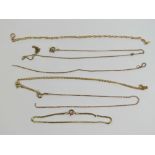 A 9ct gold box link chain a/f, two yellow metal chains a/f,