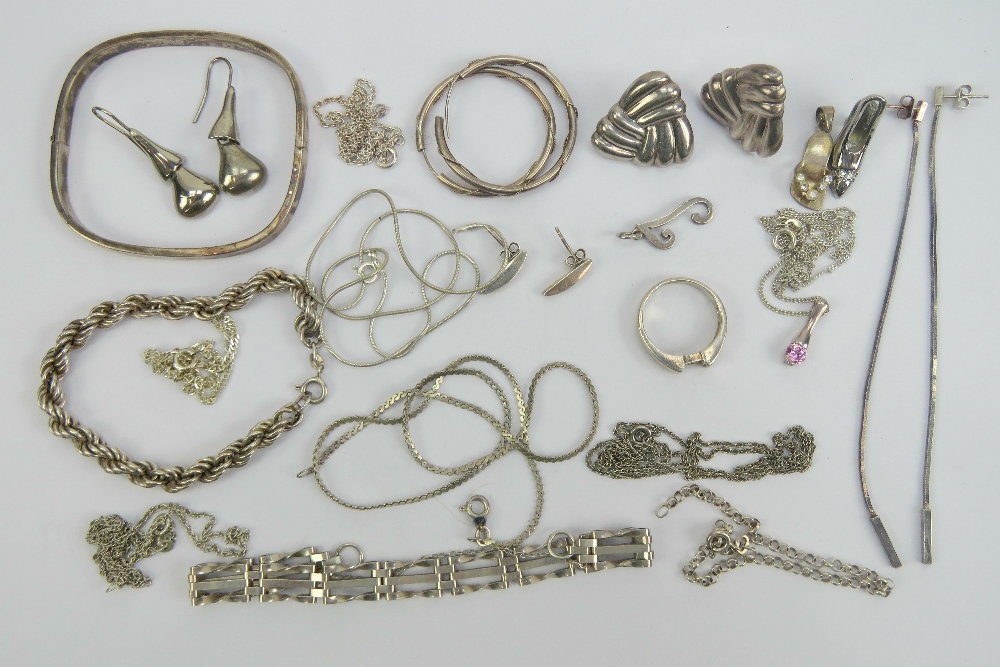 A quantity of assorted silver and white metal jewellery including bangle, necklaces, bracelets,