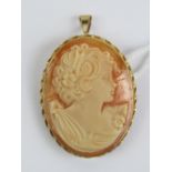 A carved shell cameo in 9ct gold mount having finely detailed female portrait upon,