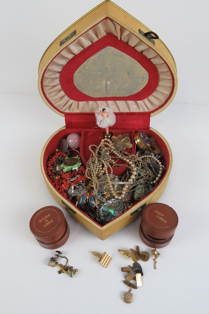 A quantity of assorted vintage costume jewellery including two hide stud and cufflink boxes,