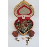 A quantity of assorted vintage costume jewellery including two hide stud and cufflink boxes,