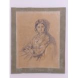 Pencil sketch heightened with chalk; a study of a recumbent young woman, arms folded,