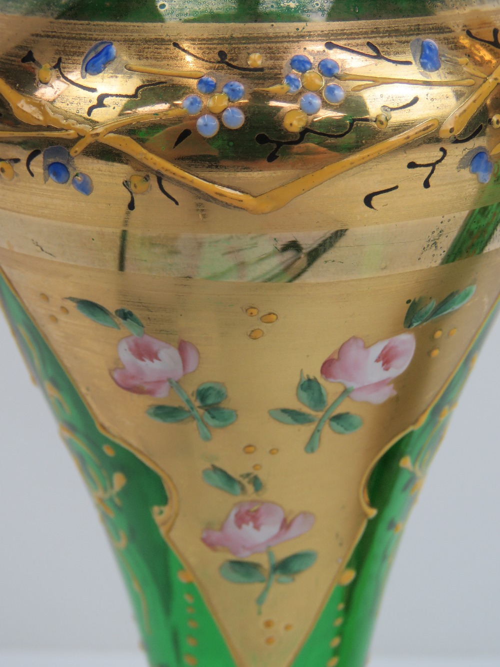 Two heavily gilded green glass Bohemian style vases having floral decoration throughout and - Image 3 of 3