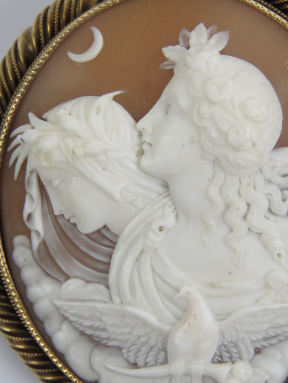 A superb large mid-Victorian shell cameo having finely carved depiction of Eos and Selene (Greek - Image 3 of 3
