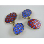 A pair of 9ct gold cufflinks having red and blue polka dot enamel, hallmarked 375, 14.5g.