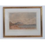 Watercolour; coastal scene, bay at half tide, figures before, ships and mountain beyond,