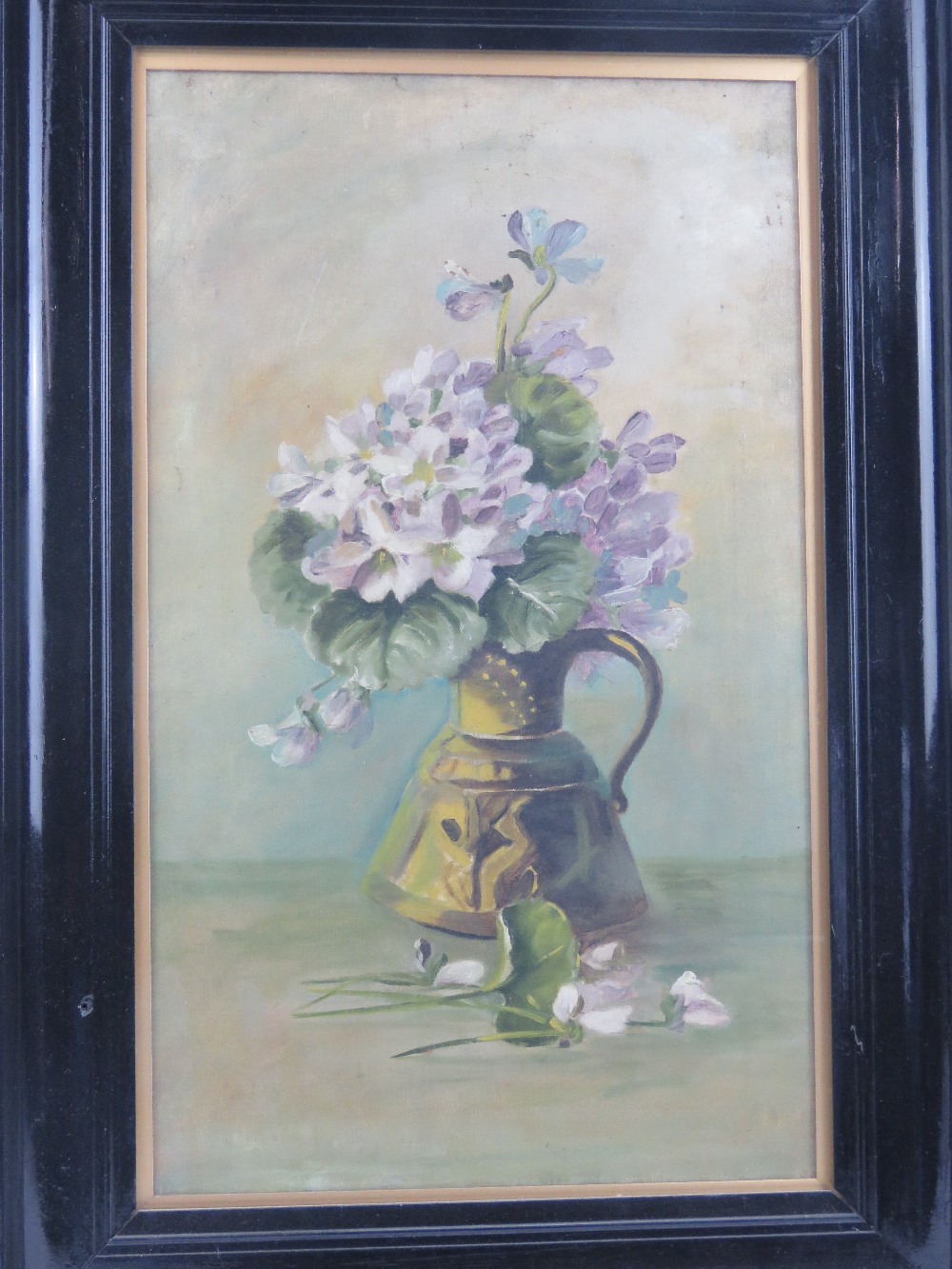 Oil on canvas; still life of flowers in