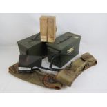 A quantity of assorted military interest items including; ammo cases, slock pistol stock,