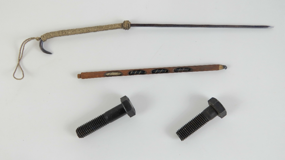 A quantity of WWII British SOE covert items, including; two secret message bolts ,