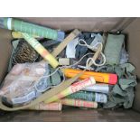 A quantity of assorted military items including; webbing, flairs and chemical warfare testing kit.