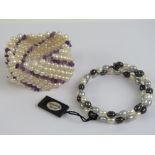 Two pearl bracelets by Honora, one being a cuff set with white pearls and amethyst stones,