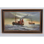 Oil on canvas; ships on choppy sea, clouds and gulls over, signed lower right Gordon Allen,