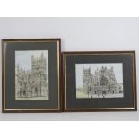 Two watercolours of Exeter Cathedral being the West Front (26.5 x 19cm) and the North Tower (18.