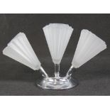 An art deco conical and stepped frosted glass free sconce flower holder on a circular plated base.