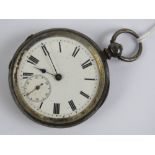 A HM silver key wind open face pocket watch having white enamel dial with subsidiary seconds dial