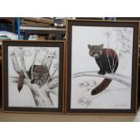 A pair of c1970s paintings entitled 'Red Panda II' 120 x 89cm and 'Sleepy Red Panda' 90 x 73cm,