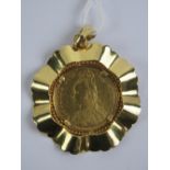 A 22ct gold Victoria 1887 full sovereign, 8g, loose mounted in 9ct gold floral pendant,